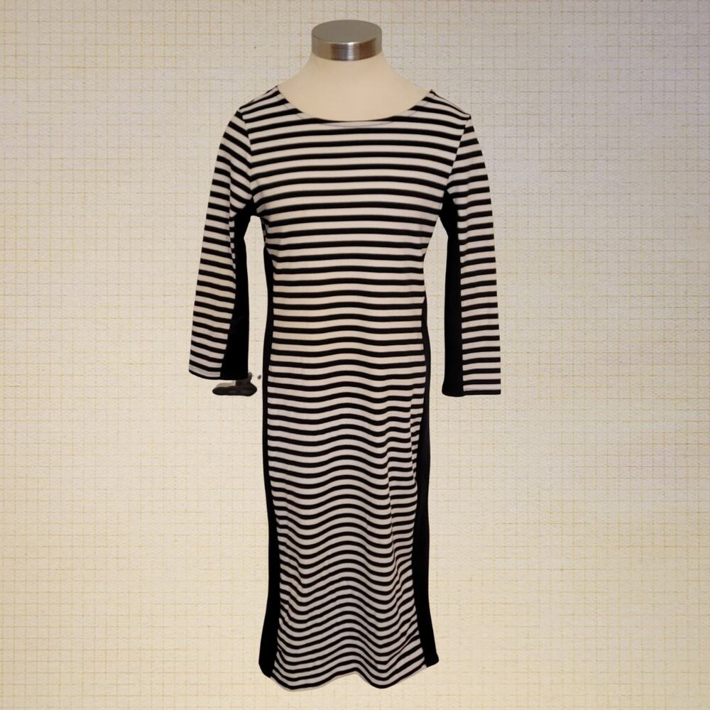 Modern Minimalist MStyleLab Knee Length Striped Sheath Dress Small Black White